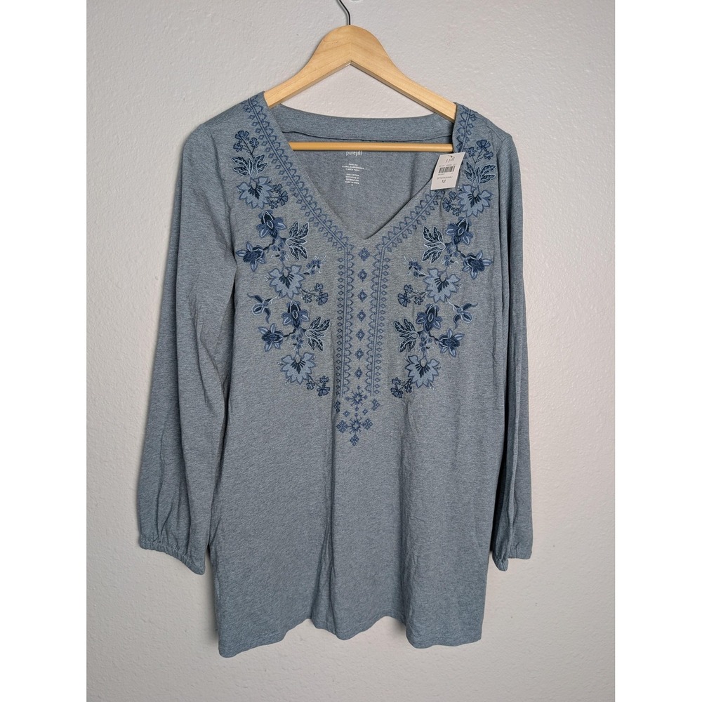 Pure Jill Shirt Womens M Blue Floral Embroidered V-Neck Tunic Long Sleeve‎